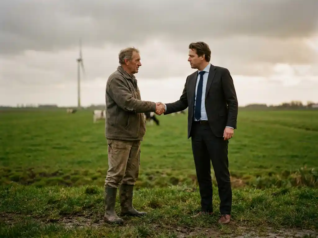Verweerde Nederlandse boer schudt hand met infrastructuurconsultant in polderland, windturbine op de achtergrond.