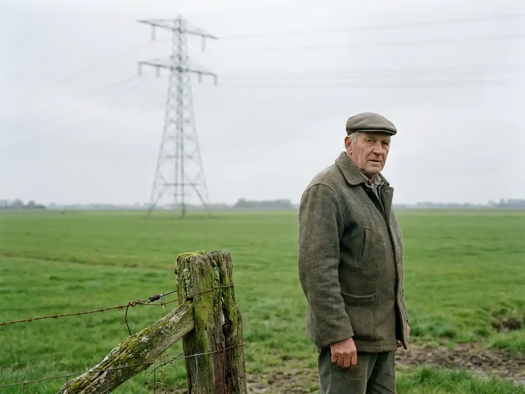 Nederlandse boer bij grens van zijn polderlandbouwgrond met hoogspanningsmast op de achtergrond onder bewolkte lucht.
