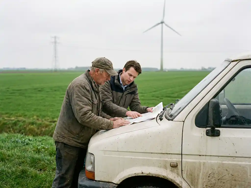 Boer en projectontwikkelaar bekijken grondovereenkomst op motorkap in Nederlands polderlandschap met windturbine op horizon.