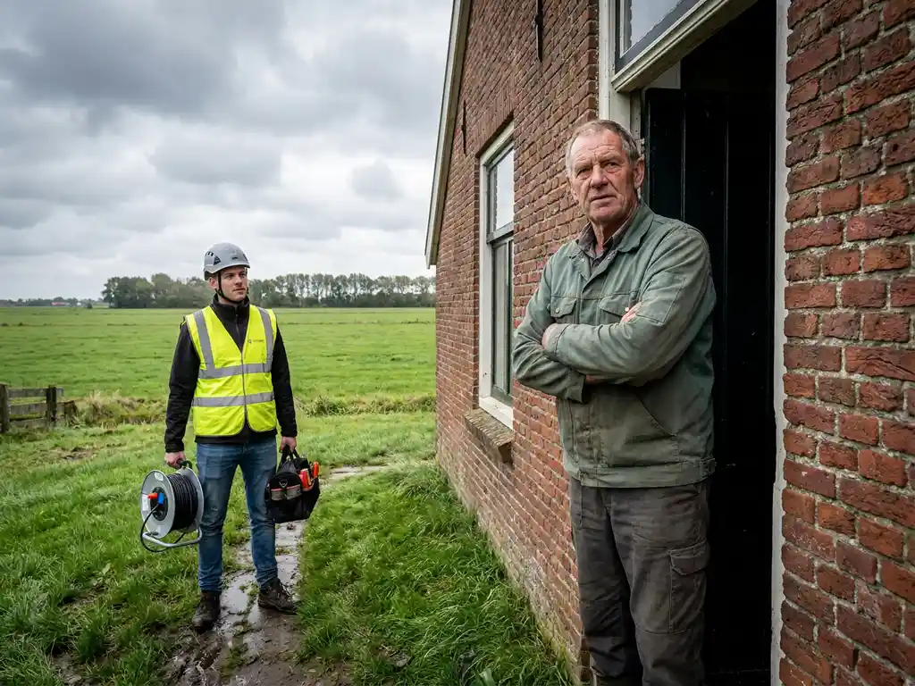Huiseigenaar staat met gekruiste armen in deuropening van bakstenen boerderij, blokkeert telecomtechnicus met kabelrol op polderpad.
