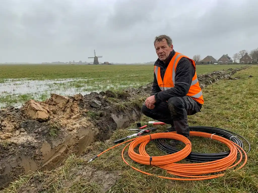 Telecomtechnicus in oranje veiligheidsvest naast een gegraven sleuf in een Nederlands polderlandschap met vezeloptische kabels en kleibodem.