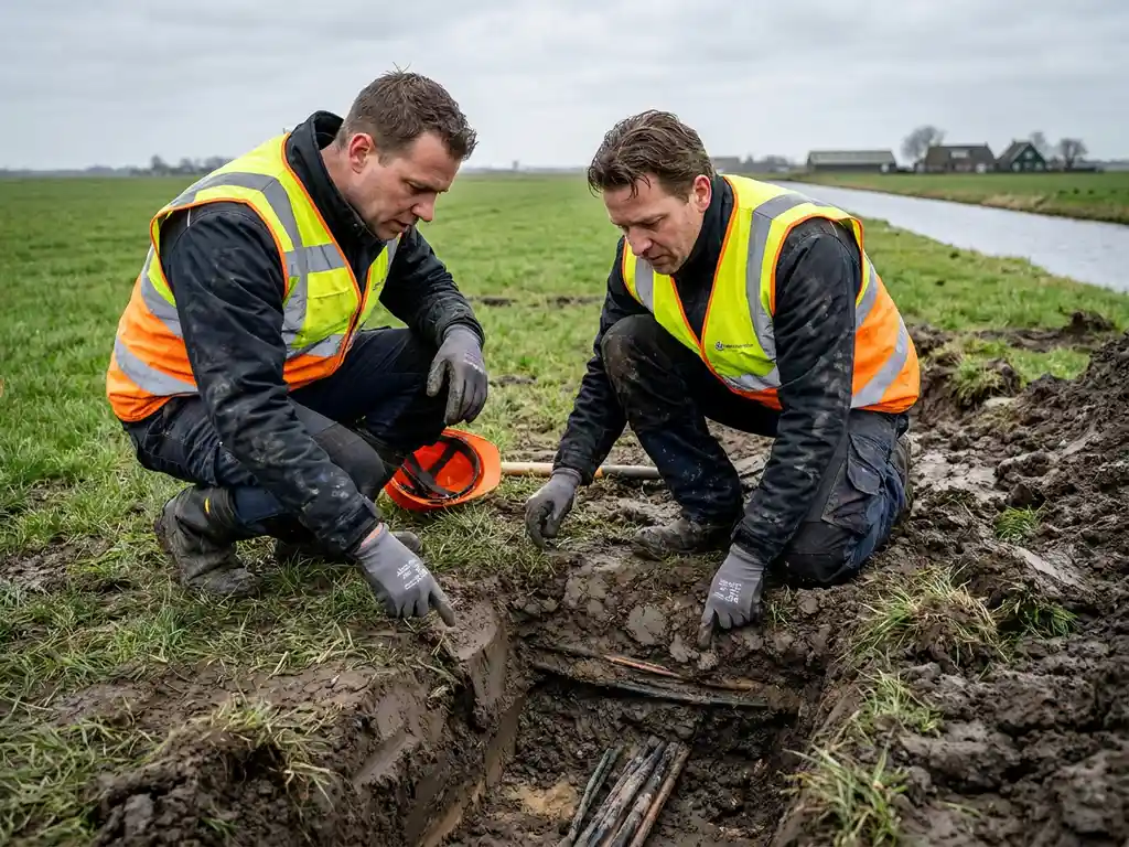 Infrawerker in reflecterend vest onderzoekt opgegraven sleuf met nutsleidingen in Nederlands polderlandschap onder bewolkte lucht.