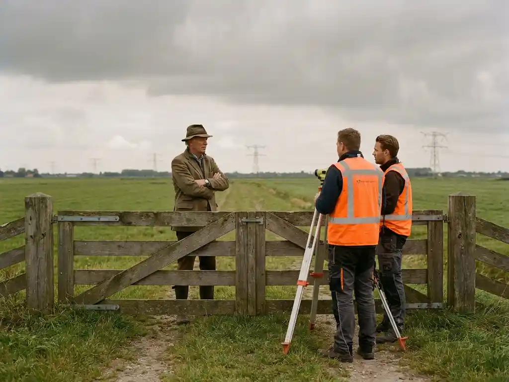 Nederlandse grondeigenaar met gekruiste armen bij houten hek blokkeert nutswerkers met meetapparatuur op polderpad onder bewolkte lucht.