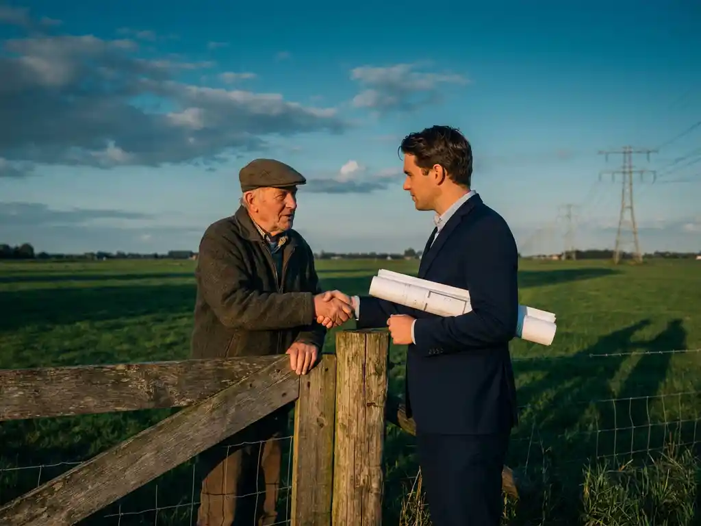 Landeigenaar en infrastructuurconsultant schudden handen bij een houten hekpaal in Nederlands polderlandschap, met opgerolde kaarten en een nutsleiding aan de horizon.