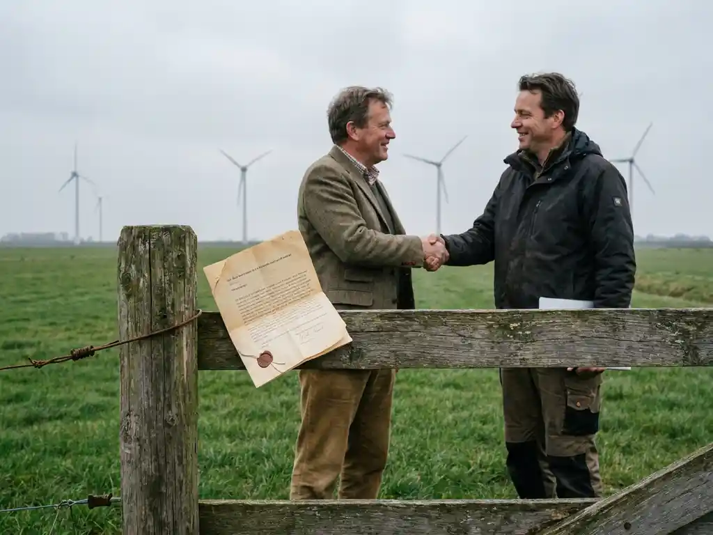 Grondeigenaar en infrastructuurprofessional schudden handen bij houten hekpaal in Nederlandse polderlandschap, juridisch document op hekrail.