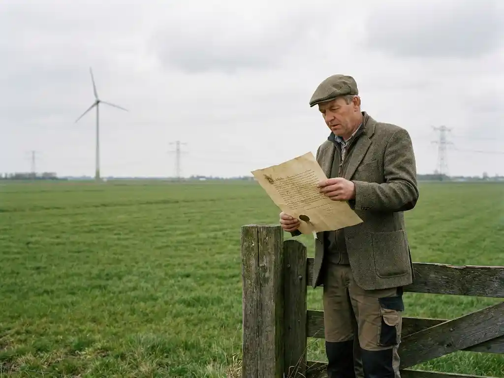 Nederlandse grondeigenaar bestudeert formeel document bij houten hekpaal in groen polderlandschap met windturbine op de achtergrond.