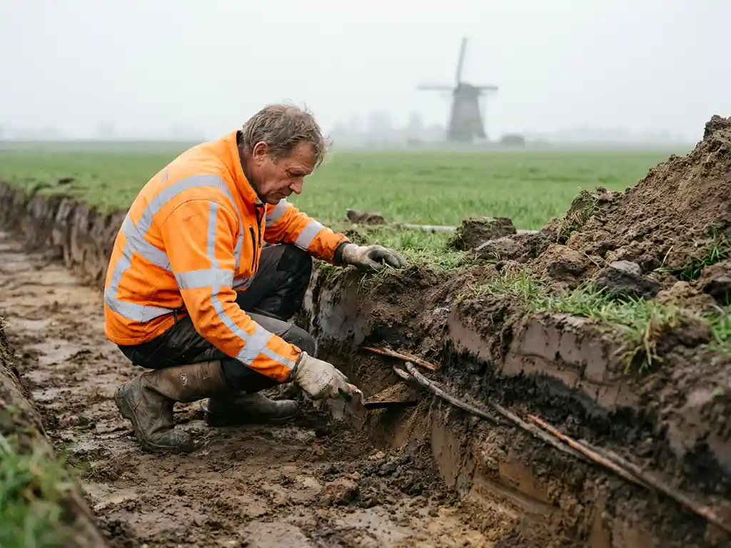Infrawerker in oranje veiligheidsvest onderzoekt grondlagen en kabels in uitgegraven sleuf, met windmolen in mistige polderlandschap op achtergrond.