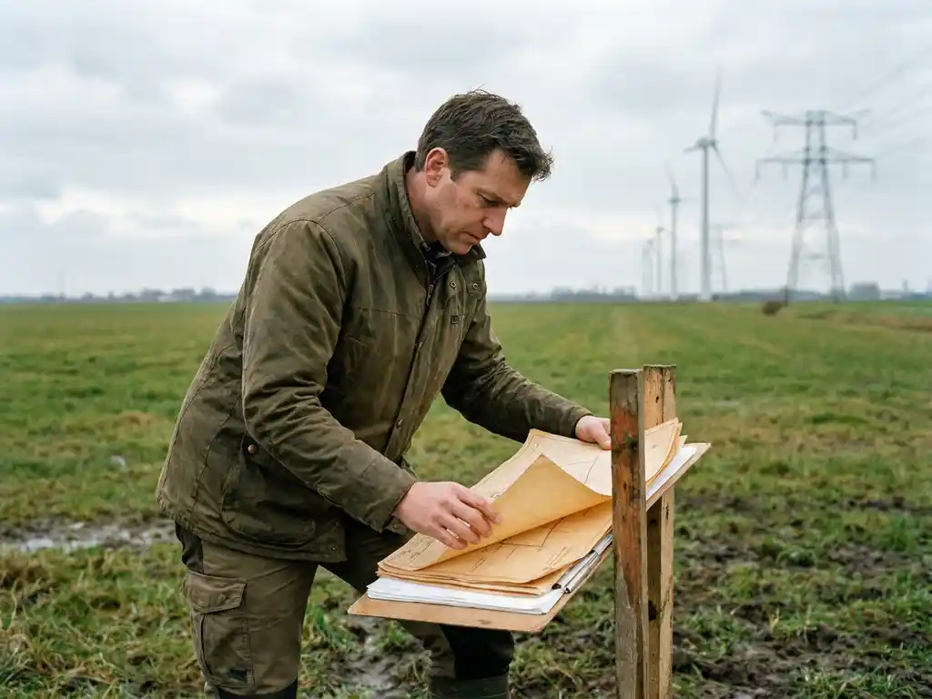 Grondzaken specialist bekijkt landmeetkundige documenten bij een meetpaal in een Nederlandse polder, met windturbines op de achtergrond.