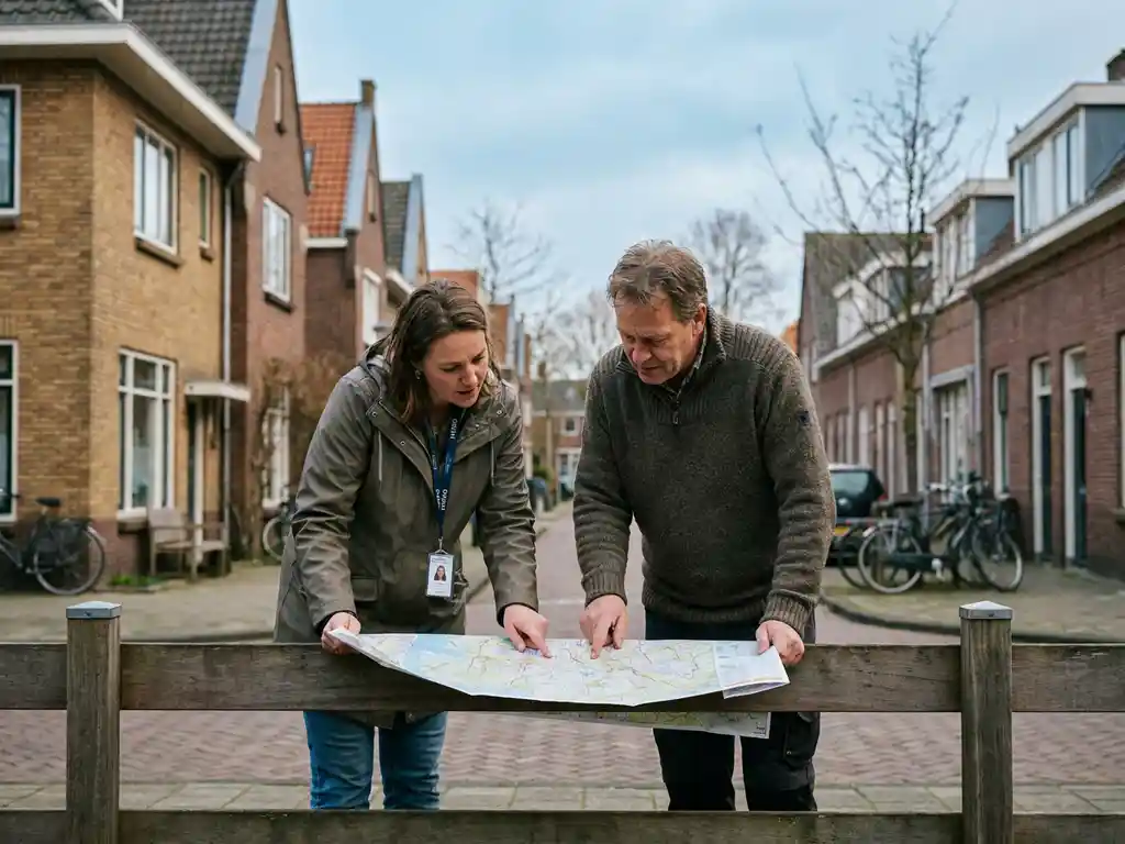 INNSO projectmanager en Nederlandse bewoner bekijken samen een wijkkaart op het tuinhek van een bakstenen rijtjeswoning.
