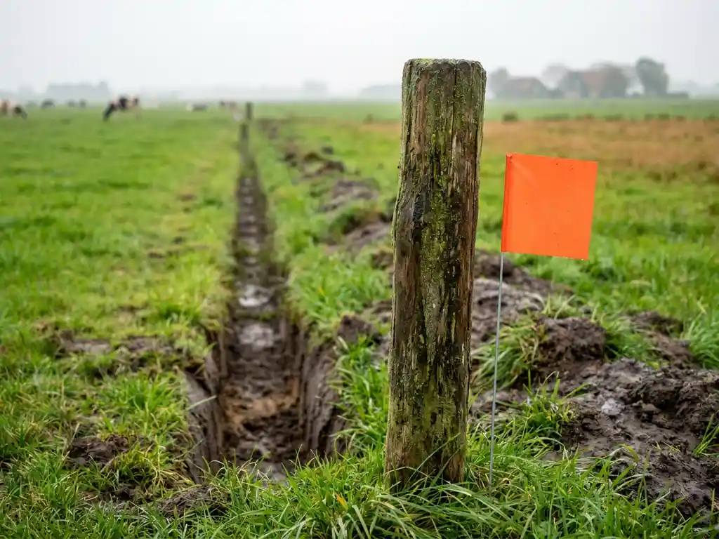 Verweerde houten paal met oranje markeervaantje naast een kabelsloot in een Nederlands polderweiland, mistig ochtendlicht.