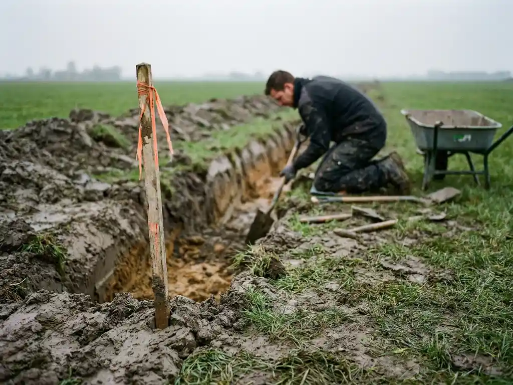 Kabelsleuven gegraven in kleibodem van Nederlandse polder, met oranje gemarkeerde houten meetpaal naast de open sleuf onder bewolkte lucht.