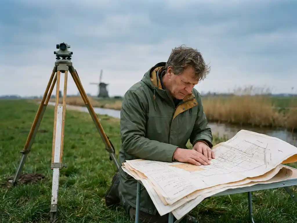 Landspecialist in regenjas bestudeert kadastrale kaarten in Nederlands polderlandschap met meetdriepoot en grijs-blauwe sloot op de achtergrond.