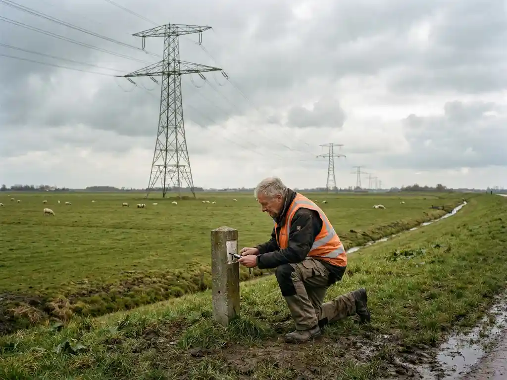 Infrastructuurmedewerker in oranje veiligheidsvest inspecteert grenspaal in polderlandschap met hoogspanningsmasten op bewolkte dag.