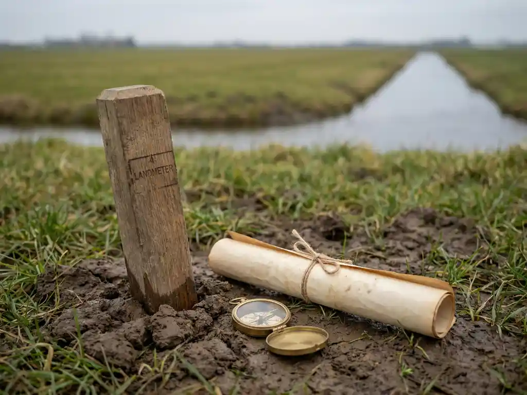 Houten landmeetpaal in poldergrond met opgerolde kadastrale akte en kompas, groene weide en grijs kanaal op de achtergrond.
