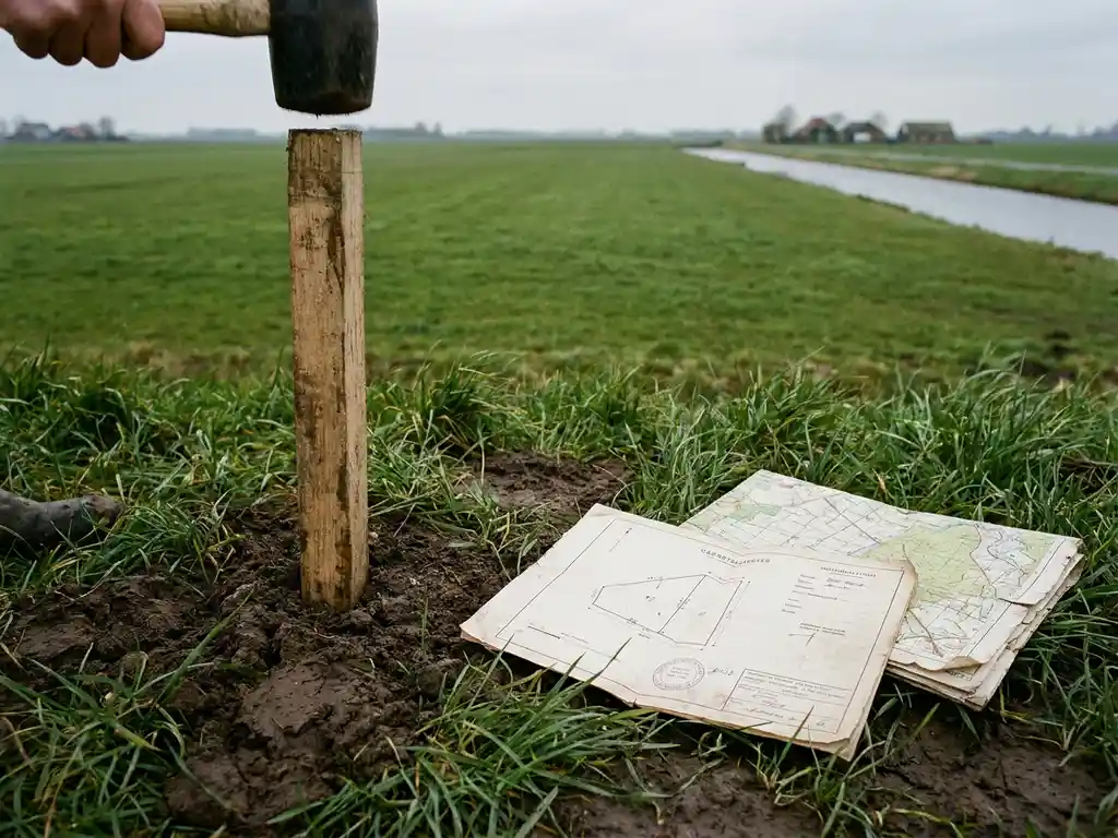 Houten meetpaal in vochtige polderboden gedreven, met kadastrale documenten en topografische kaart op het gras, vlak weiland op de achtergrond.