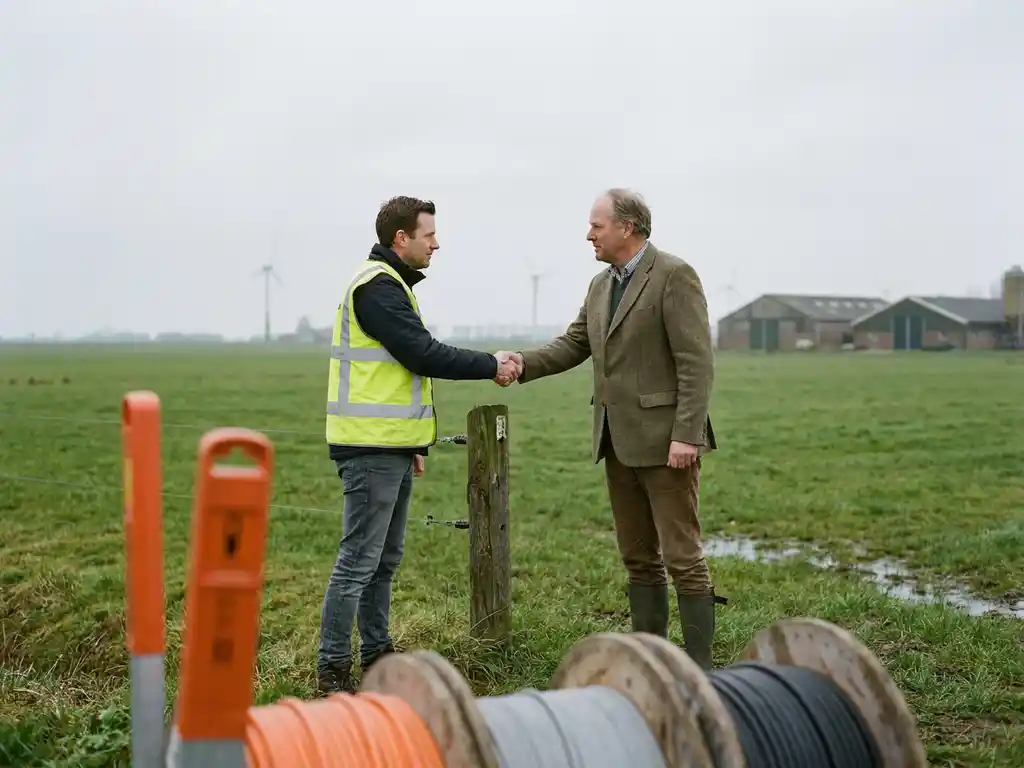 Landmeter en grondeigenaar schudden handen bij een houten grensmarkering in een Nederlands polderlandschap met kabelhaspels en oranje markeringen.