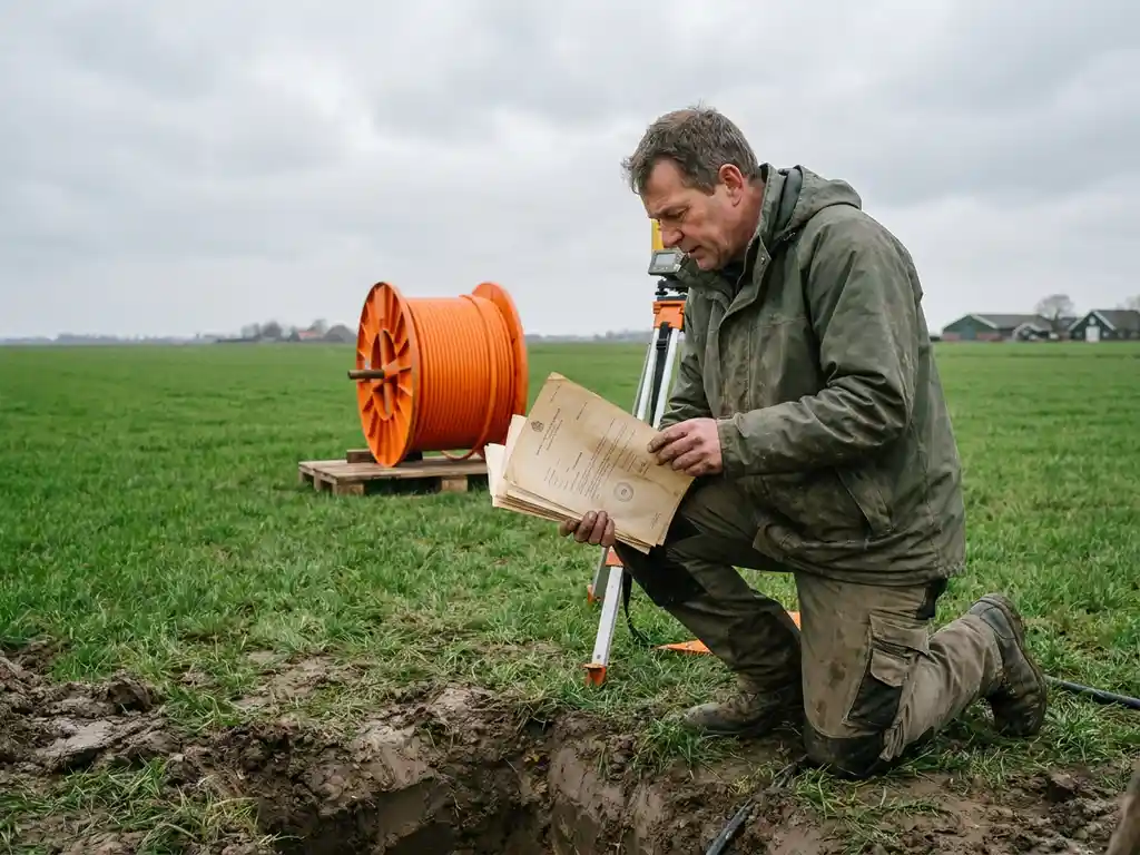 Landmeter knielt bij een kabelsleuv in een vlak polderlandschap, houdt officiële eigendomsdocumenten vast, oranje kabelhaspel op achtergrond.