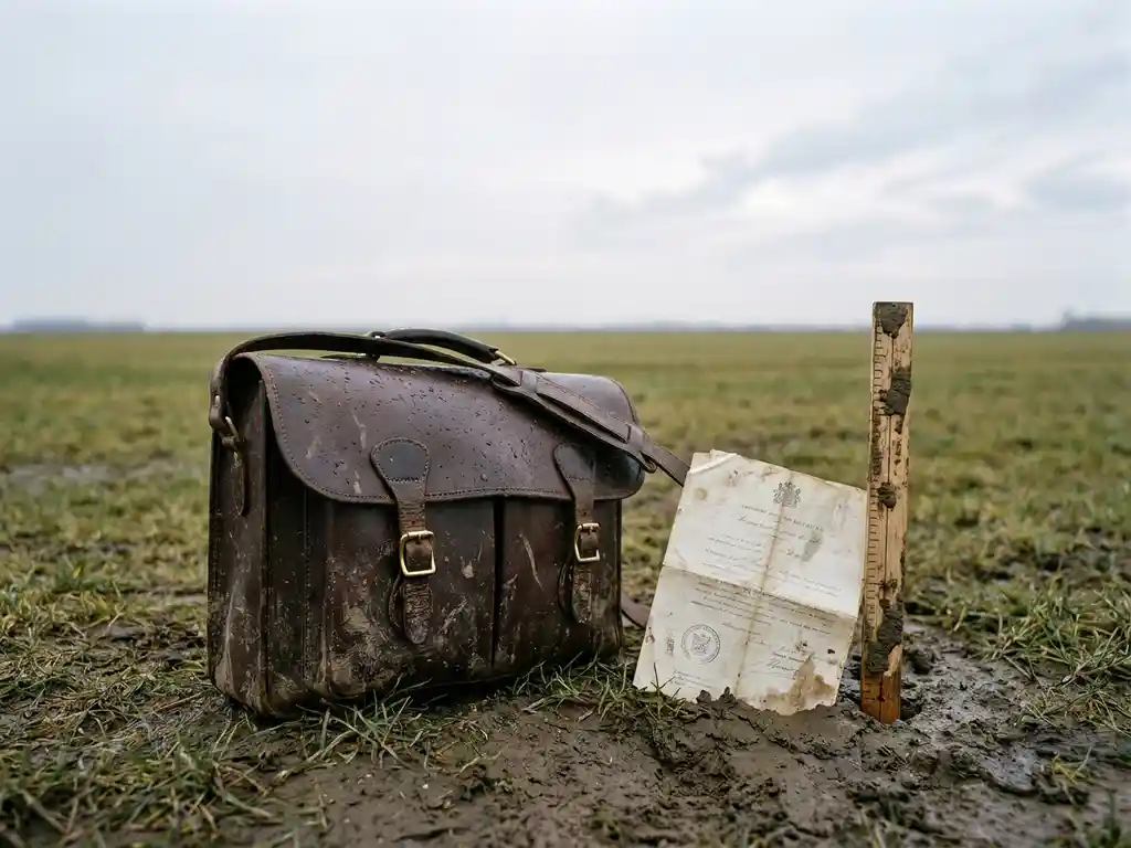 Versleten leren landmetertas op een modderig polderveld met een officieel vergunningsdocument en meetpaal in de kleigrond.