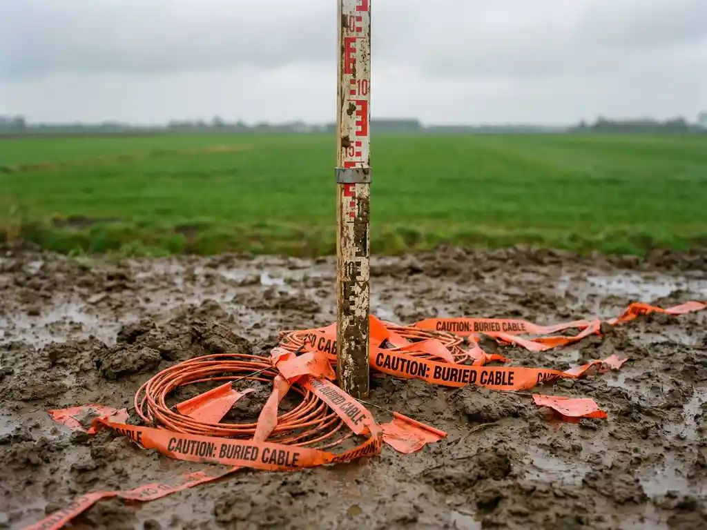 Landmeetroede in modderige Nederlandse poldergrond met oranje waarschuwingstape en kabelmarkeringen op natte kleibodem.