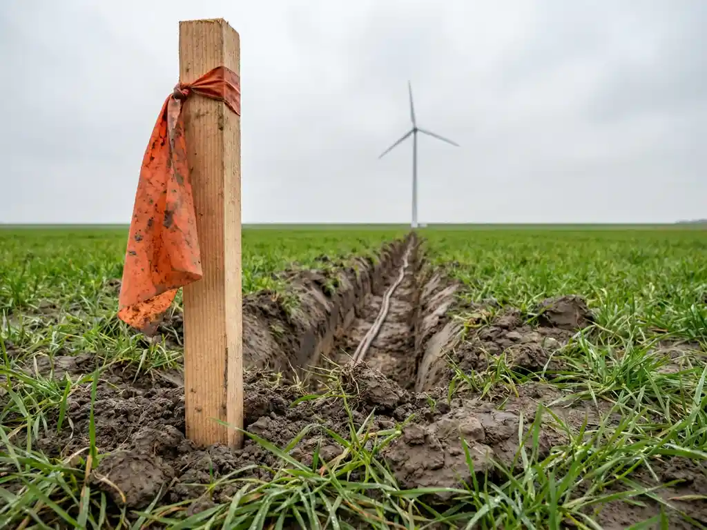 Houten landmeetpaal met oranje markeringsvlag in een Nederlandse polderweiland, met zichtbare kabelsleuven richting windturbine op de achtergrond.