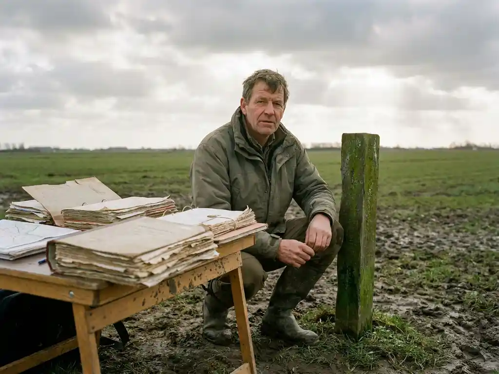 Landmeter hurkt bij verouderde houten grenspaal in Nederlands polderland, met stapels vergunningsdossiers op modderige werktafel.