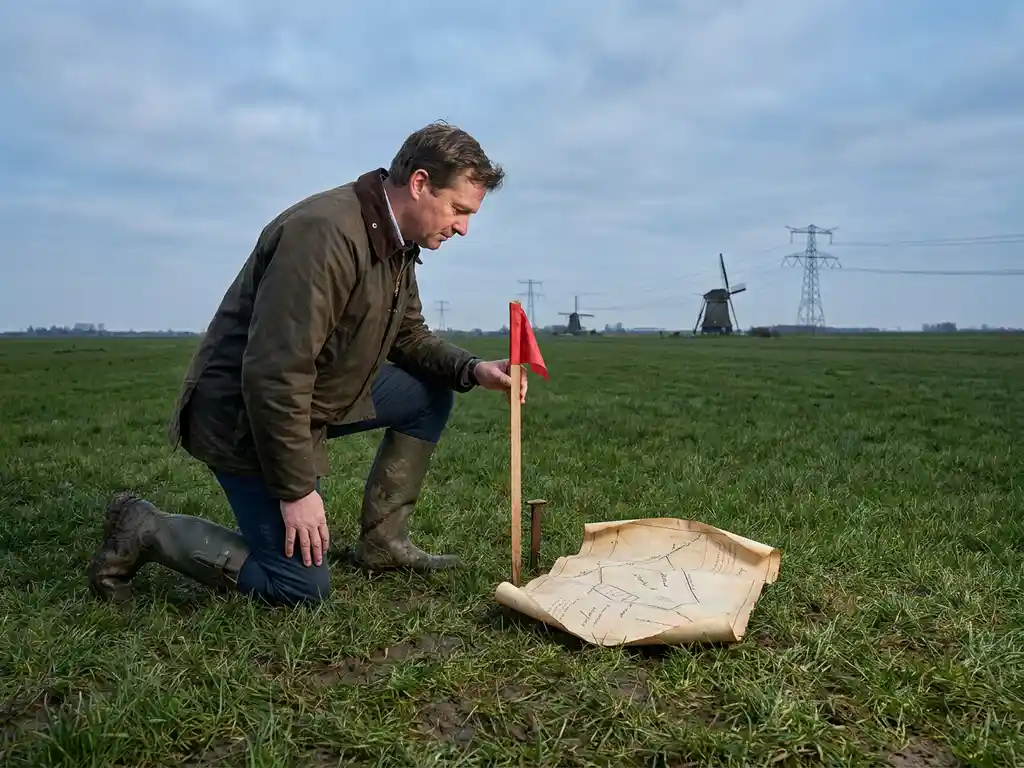 Landmeter knielt bij een houten peilstok in een Nederlandse polder, met een opengevouwen kadasterkaart op het gras en windmolens aan de horizon.