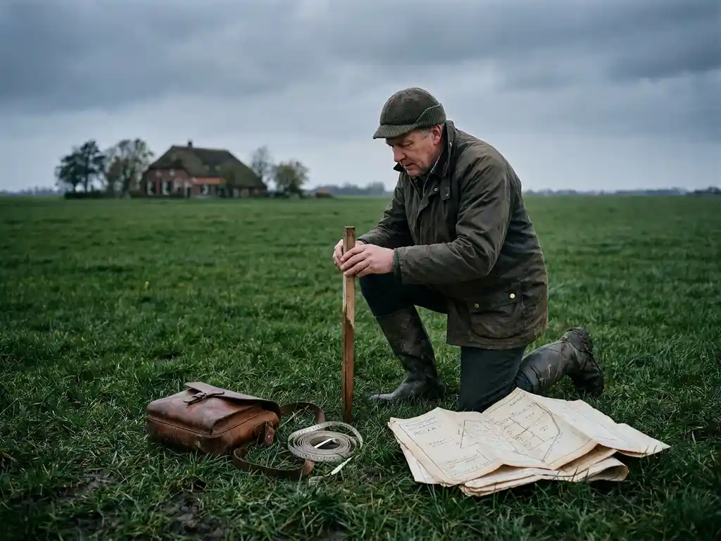 Landmeter knielt bij een houten meetpaal in een vlak polderlandschap, met kadastrale documenten en meetlint op het gras en een rode boerderij op de achtergrond.