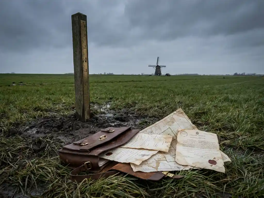 Landmeetpaal in drassige polderweiden met kadastrale kaarten en vergunningen onder leren tas, verre molen en bewolkte Nederlandse lucht.