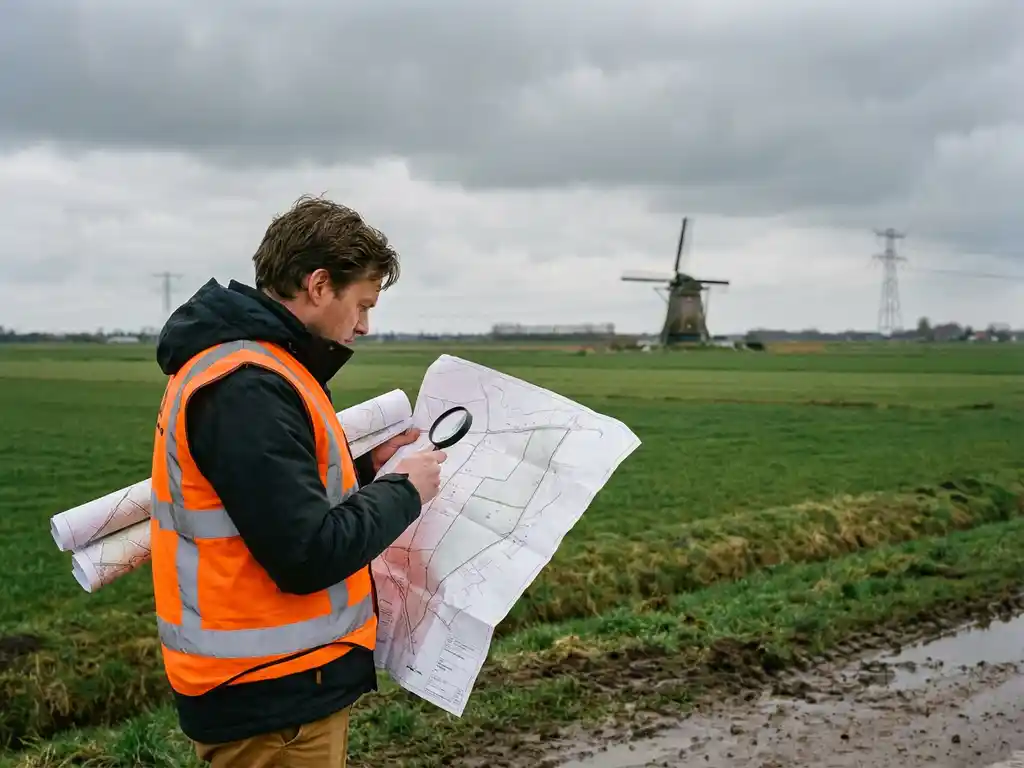 Projectmanager in veiligheidsvestje bestudeert landmeetkundige documenten aan de rand van een Nederlandse polder, met windmolen en hoogspanningsmasten op de achtergrond.