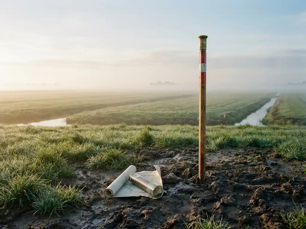 Landmeetpaal in een Nederlandse polder bij zonsopgang, met opgerolde kaart en grondmonster op modderige bodem, lage mist boven groene weilanden.