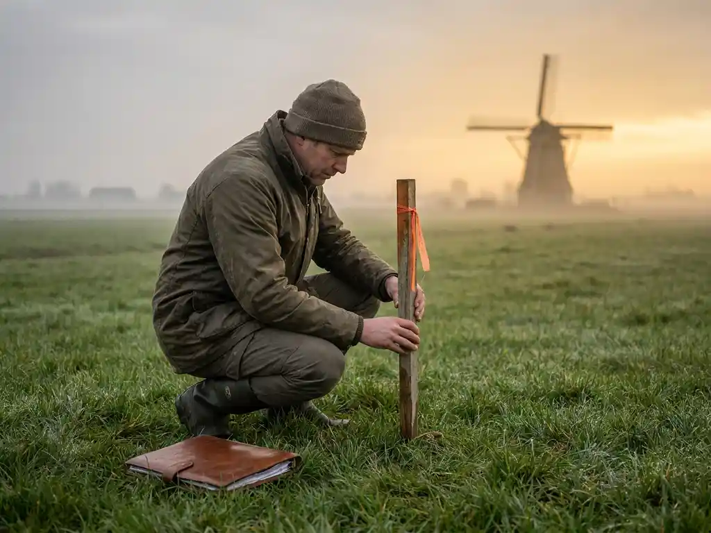 Landmeter naast een houten meetpaal in een mistig polderlandschap bij dageraad, met een verre molen en lederen documentenmap op het gras.