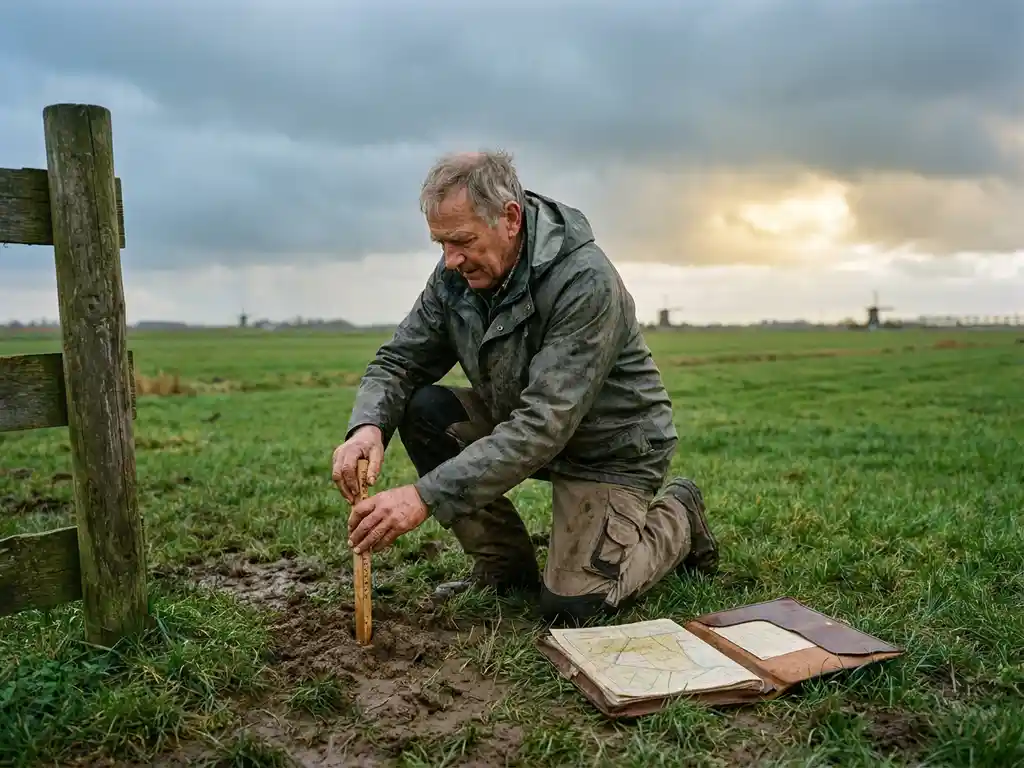 Landmeter knielt in Hollands polderlandschap en plaatst meetpaal in zachte grond, windmolens zichtbaar aan de horizon.