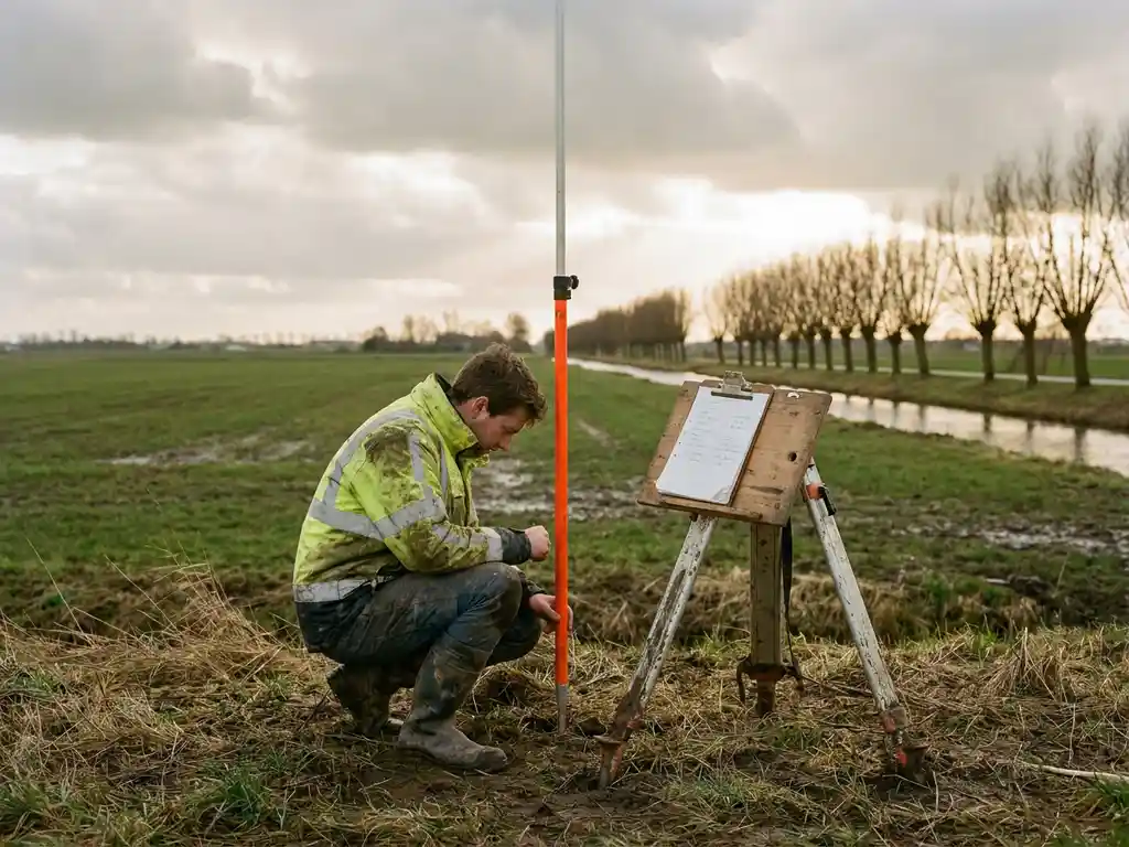 Landmeter naast oranje meetpaal in Nederlands polderlandschap, klembord op statief, grijze lucht met goudkleurig zijlicht.