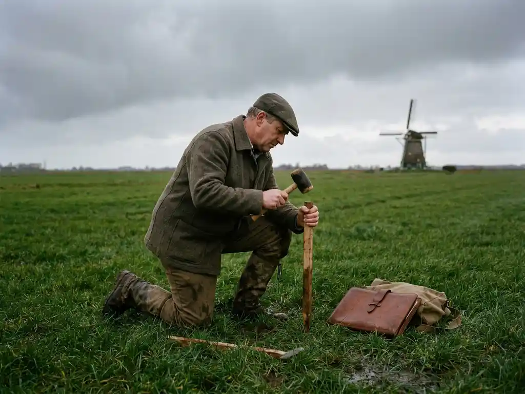 Landmeter knielt bij een houten meetpaal in groene polderlandschap met windmolen op de achtergrond en lederen documentenmap in het gras.