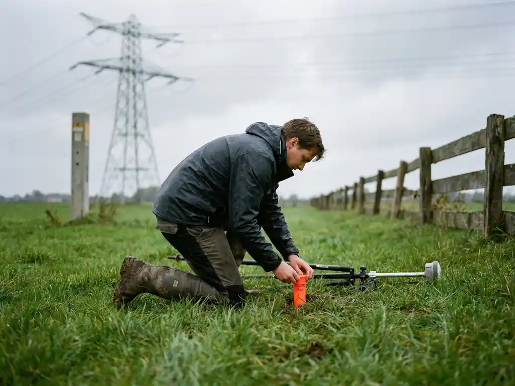 Landmeter knielt bij oranje meetpunt in Nederlandse polderweiland, met hoogspanningsmast en vezelkabelgoot op de achtergrond.