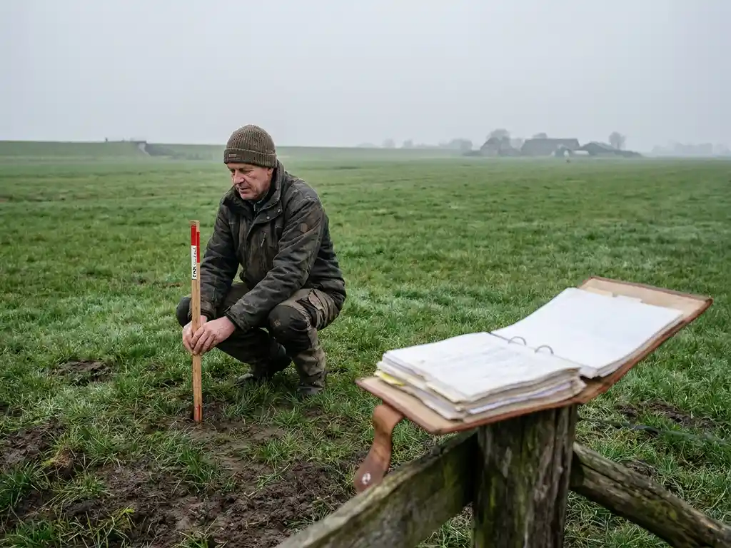 Landmeter in polder die meetpaal in kleigrond plaatst, met opengeslagen juridische map op verweerde houten paal.