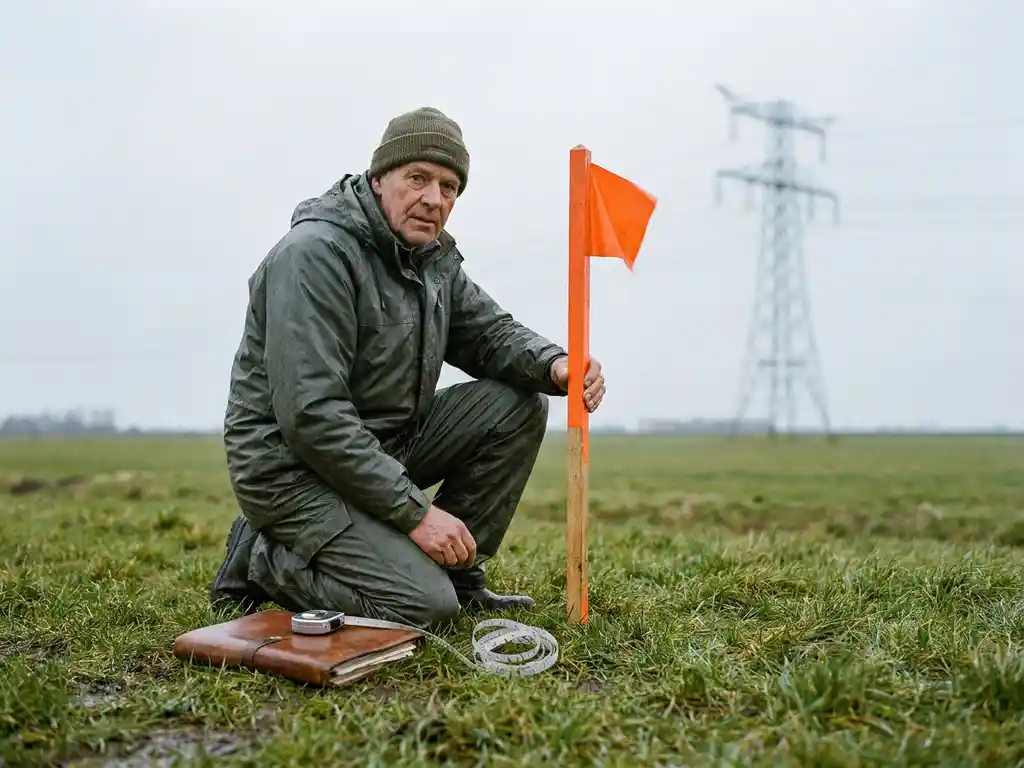 Landmeter hurkt naast oranje markeringspaal in Nederlands polderlandschap, hoogspanningsmast op achtergrond, meetlint en documentenmap op gras.