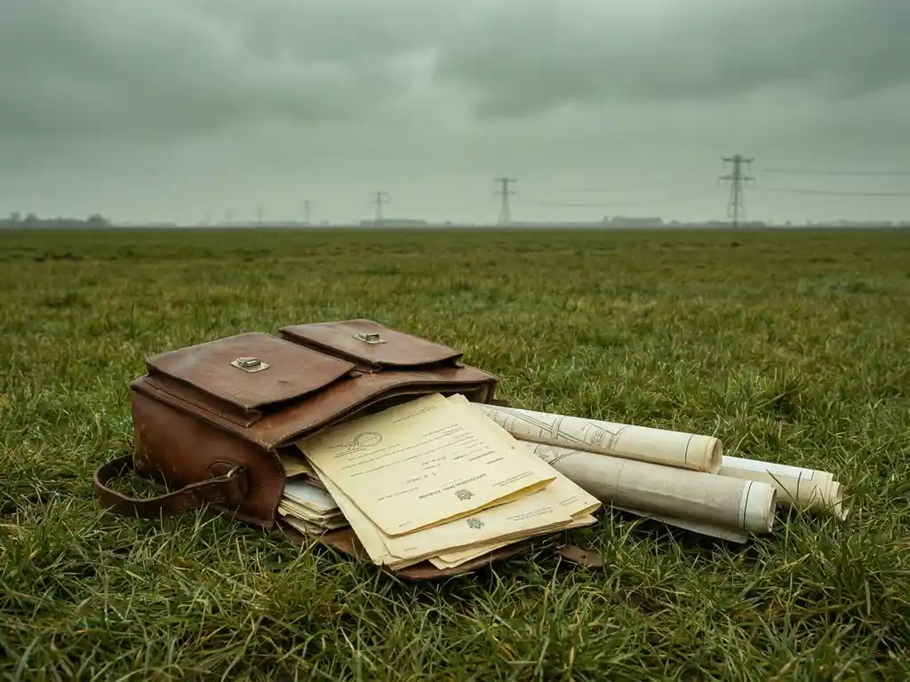 Versleten leren landmetertas op een polderveld met vergunningsdocumenten en opgerolde kaarten, elektriciteitspylonen aan de horizon.