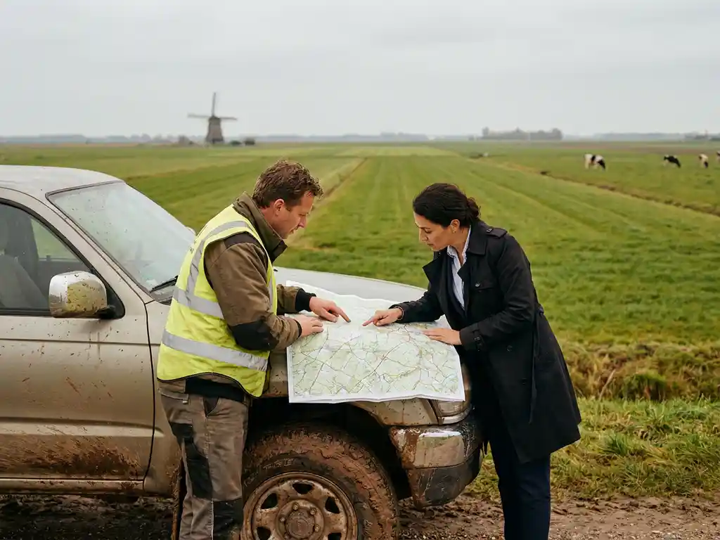 Landmeter en vastgoedspecialist bestuderen topografische kaart op motorkap van veldauto in Nederlands polderlandschap met windmolen.