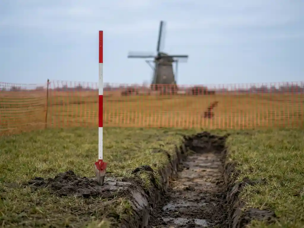 Landmeetpaal in Hollandse poldergrond naast een uitgegraven sloot, oranje veiligheidshek en wazige windmolen op de achtergrond.