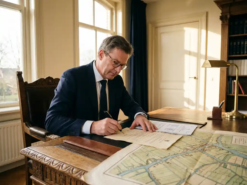 Nederlandse notaris ondertekent officieel juridisch document aan eikenhouten bureau, met kadasterkaart van polderlandschap zichtbaar.