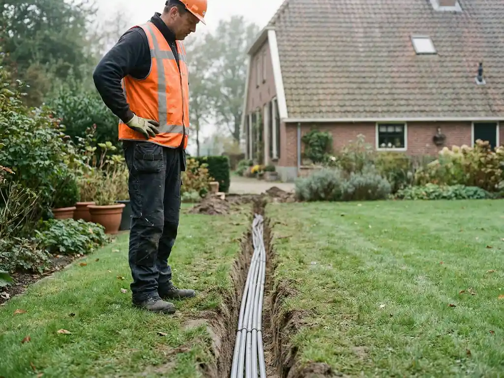 Nutsbedrijf medewerker in oranje veiligheidsvest inspecteert kabelgoten in opgegraven sleuf bij Nederlandse boerderij.