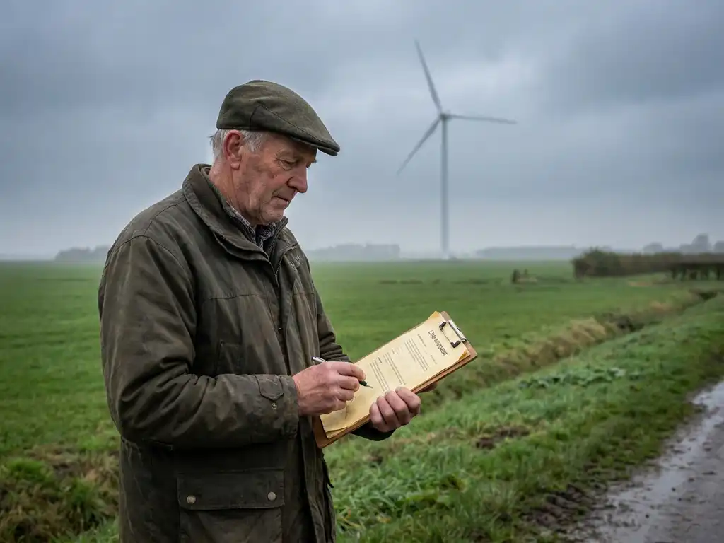 Nederlande boer bekijkt landovereenkomst op klembord in polderlandschap met windturbine op bewolkte achtergrond.