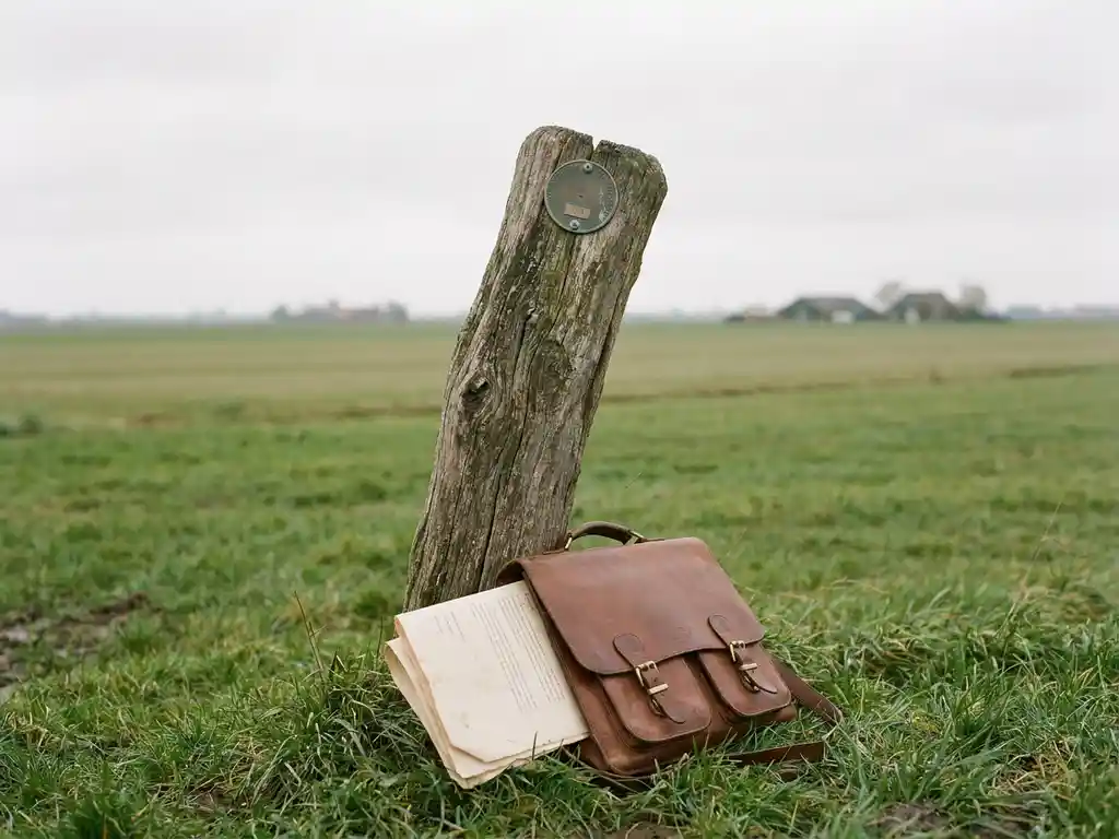 Verweerde houten paal met metalen landmeetpunt in Nederlands polderlandschap, juridisch document en leren tas ertegenaan.