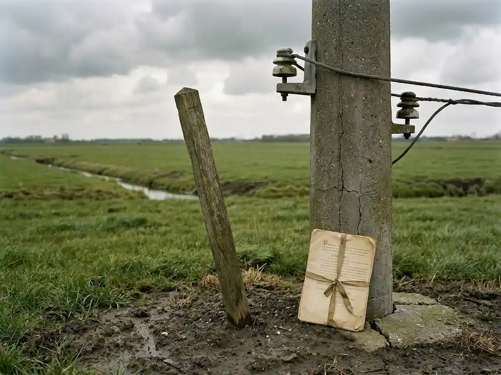 Verouderde houten meetpaal in Nederlandse polderbond naast betonnen elektriciteitspaal, met gevouwen juridisch document aan de basis.