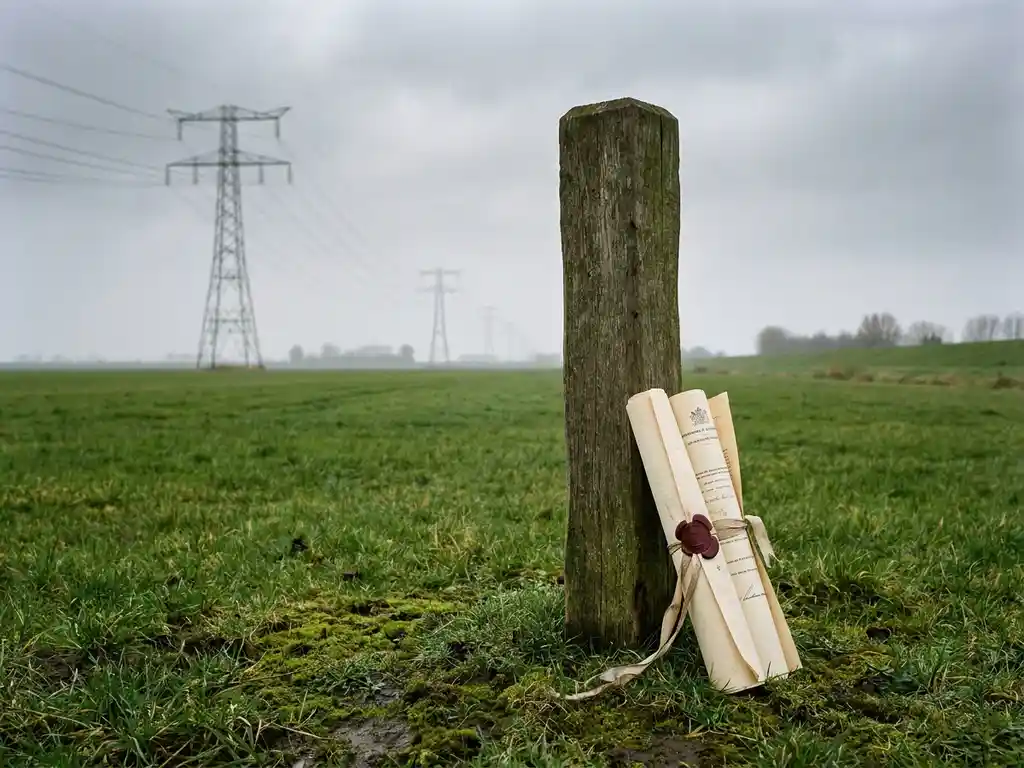 Houten landmeetpaal in een groene polderweiland met officiële overheidsdocumenten met rood zegellak ertegenaan.