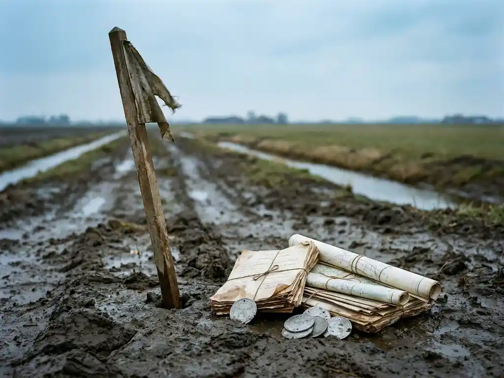 Houten meetpaal in natte kleigrond van een Nederlandse polder, omgeven door kadastrale kaarten en vergunningsdocumenten, bewolkte grijsblauwe lucht.