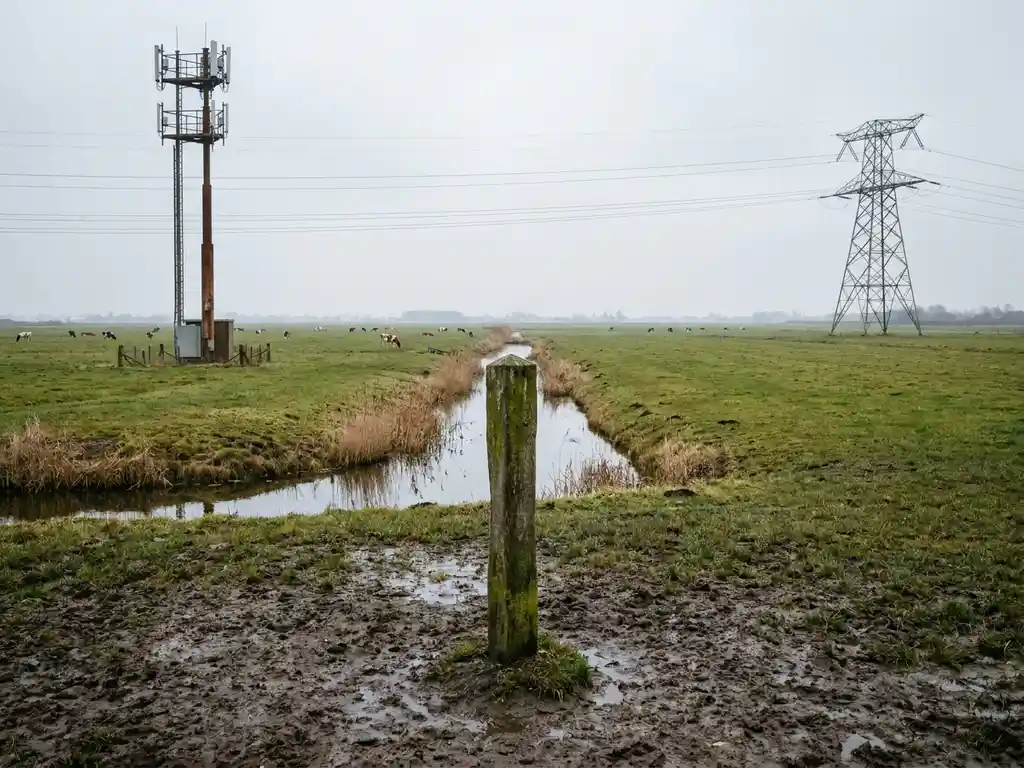 Houten grenspaal in kleigrond langs een sloot in een polderlandschap, met een telecomast en hoogspanningsmast op de achtergrond.