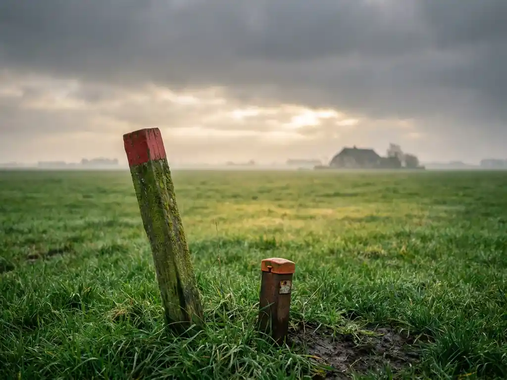 Verouderde houten meetpaal en kabelmarkering in Hollands polderland, met weiland, boerderij in de mist en bewolkte lucht.