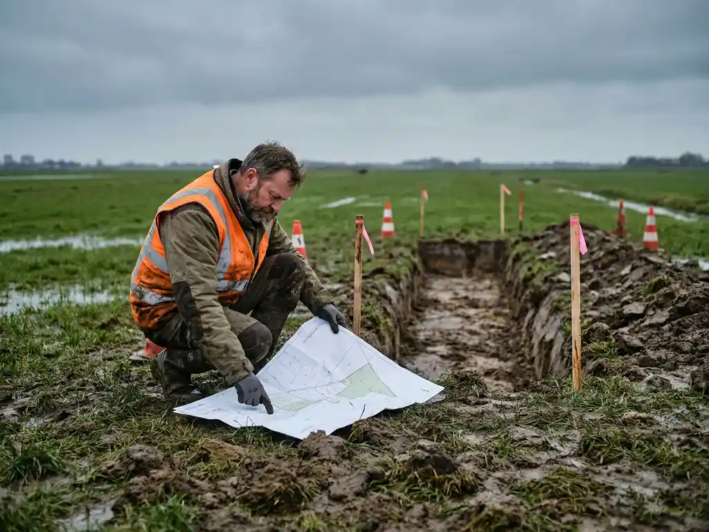Projectmanager met veiligheidsvestje hurkt bij uitgegraven sloot in polderlandschap en bestudeert kadasterkaart op de grond.
